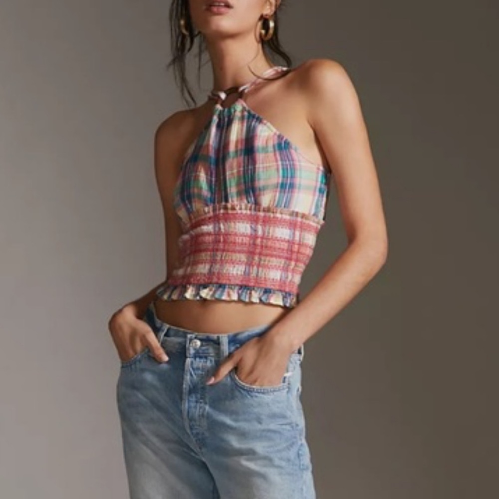 Anthropologie Multicolor Plaid Halter Tank Top